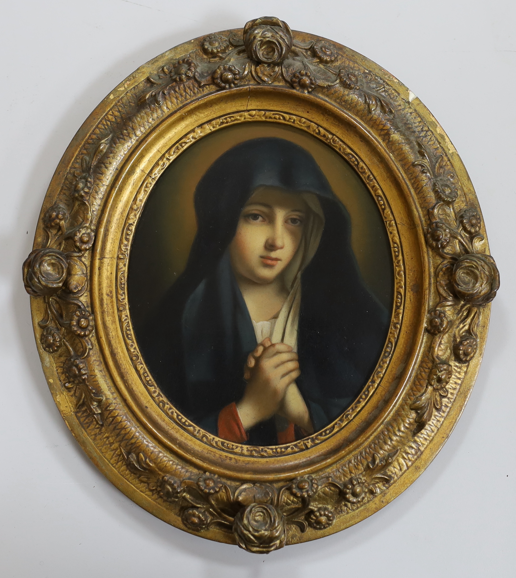 19th century school, oval oil on board, portrait of a nun at prayer, 16cm x 13cm ornate gilt frame